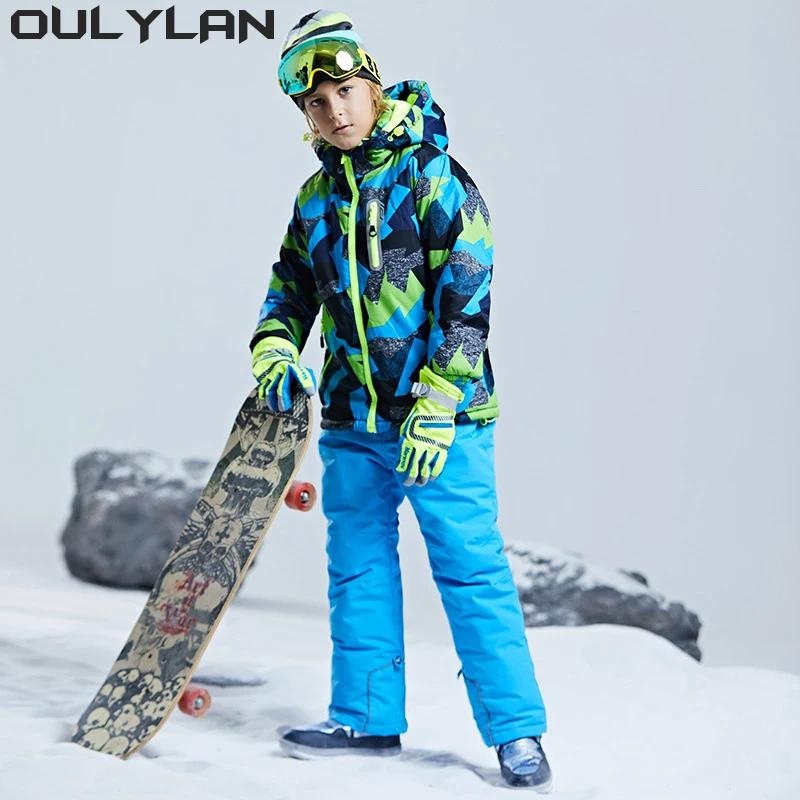 Oulylan 겨울 십대 소년 스노우 세트 스포츠 따뜻한 어린이 스키 세트, 방수 재킷 바지,  스노우보드 운동복 의류
